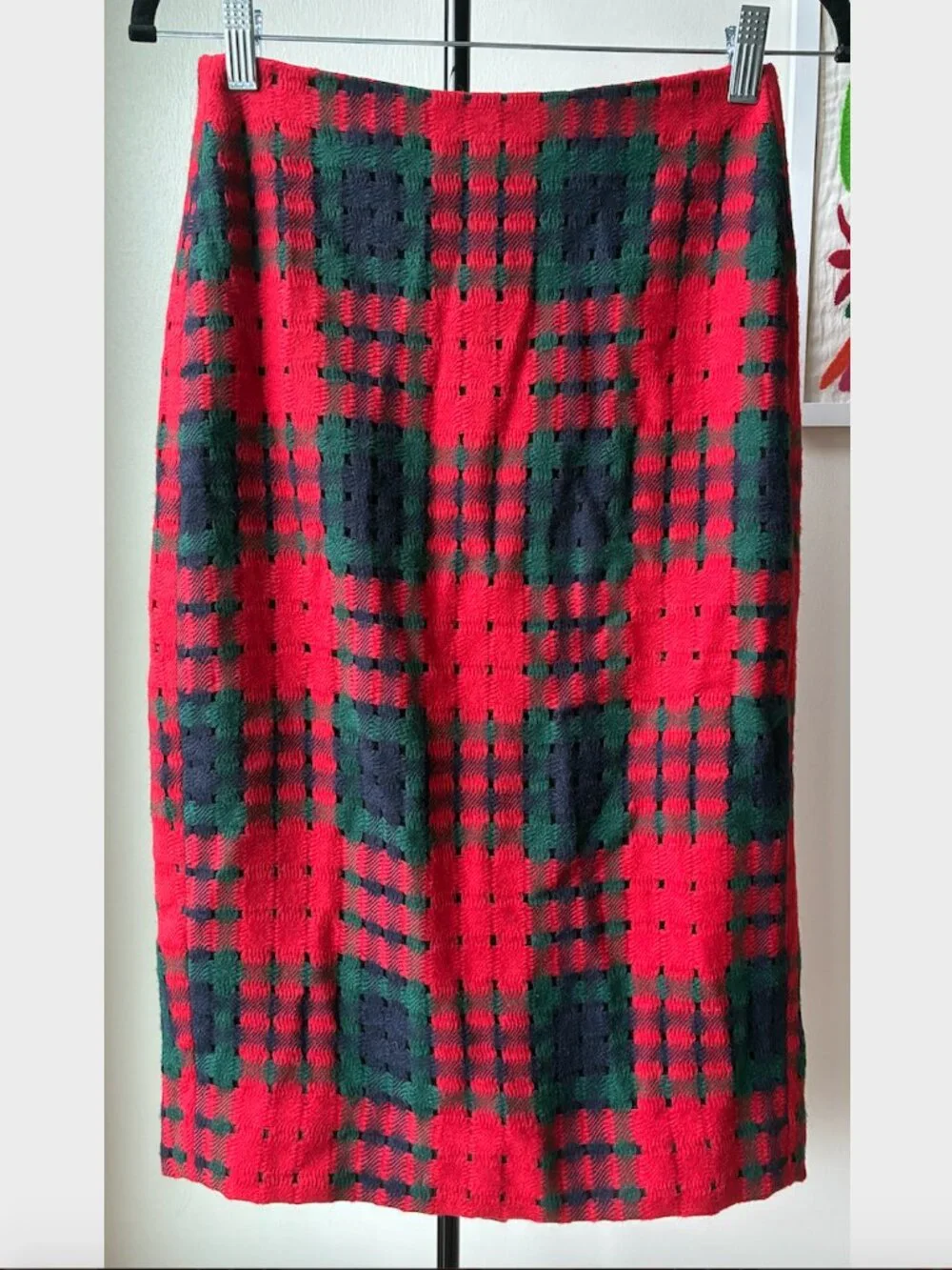 J. Crew Lattice Wool Knit Red and Green Midi Pencil Skirt - Size 0